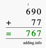 Calculate 690 + 77 using long addition