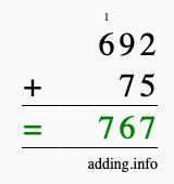 Calculate 692 + 75 using long addition