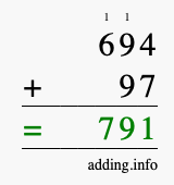 Calculate 694 + 97 using long addition