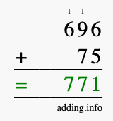 Calculate 696 + 75 using long addition
