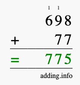 Calculate 698 + 77 using long addition