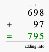 Calculate 698 + 97 using long addition