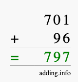 Calculate 701 + 96 using long addition