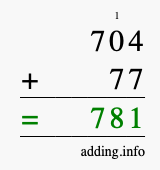 Calculate 704 + 77 using long addition