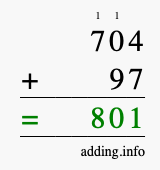 Calculate 704 + 97 using long addition