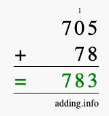 Calculate 705 + 78 using long addition