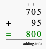 Calculate 705 + 95 using long addition