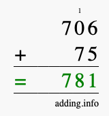 Calculate 706 + 75 using long addition