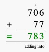 Calculate 706 + 77 using long addition