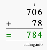 Calculate 706 + 78 using long addition