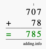 Calculate 707 + 78 using long addition