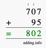 Calculate 707 + 95 using long addition