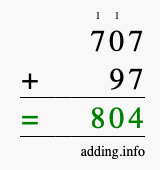 Calculate 707 + 97 using long addition