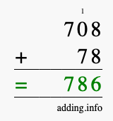 Calculate 708 + 78 using long addition
