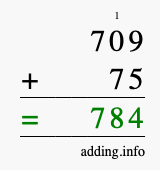 Calculate 709 + 75 using long addition