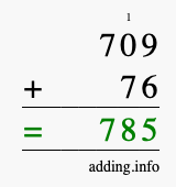 Calculate 709 + 76 using long addition