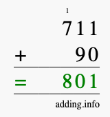 Calculate 711 + 90 using long addition