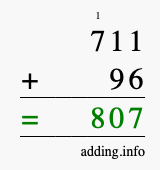 Calculate 711 + 96 using long addition