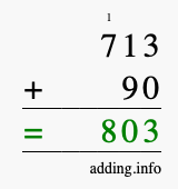 Calculate 713 + 90 using long addition