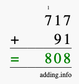 Calculate 717 + 91 using long addition
