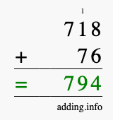 Calculate 718 + 76 using long addition