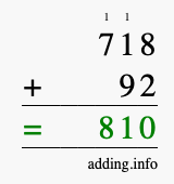 Calculate 718 + 92 using long addition