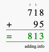 Calculate 718 + 95 using long addition