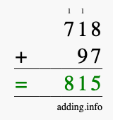 Calculate 718 + 97 using long addition