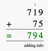 Calculate 719 + 75 using long addition