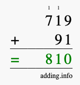Calculate 719 + 91 using long addition