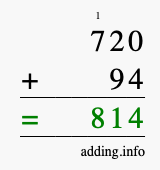 Calculate 720 + 94 using long addition