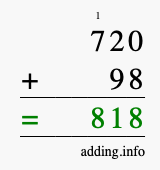 Calculate 720 + 98 using long addition