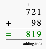 Calculate 721 + 98 using long addition