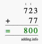 Calculate 723 + 77 using long addition