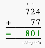 Calculate 724 + 77 using long addition