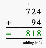 Calculate 724 + 94 using long addition