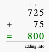 Calculate 725 + 75 using long addition