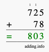 Calculate 725 + 78 using long addition