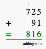 Calculate 725 + 91 using long addition