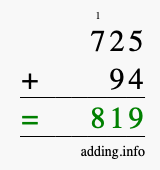 Calculate 725 + 94 using long addition