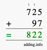Calculate 725 + 97 using long addition