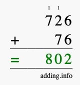 Calculate 726 + 76 using long addition