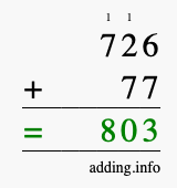 Calculate 726 + 77 using long addition