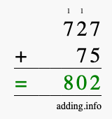 Calculate 727 + 75 using long addition