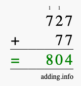 Calculate 727 + 77 using long addition