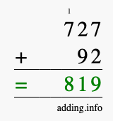 Calculate 727 + 92 using long addition