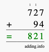 Calculate 727 + 94 using long addition