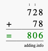 Calculate 728 + 78 using long addition