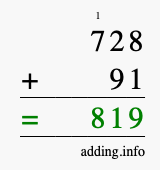 Calculate 728 + 91 using long addition
