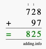 Calculate 728 + 97 using long addition